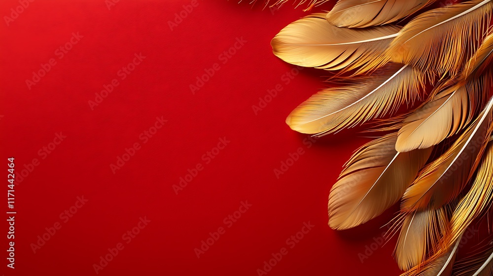 Poster elegant golden feathers artfully arranged in a captivating circular pattern set against a vibrant re