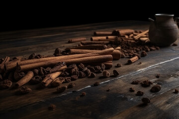 Cinnamon sticks and coffee beans scattered on a wooden surface