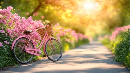 Fototapeta premium Pink bicycle parked amidst vibrant pink flowers on a sunny pathway.