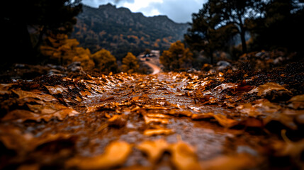 Obraz premium Muddy autumn road leading to mountains.