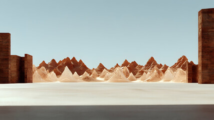Abstract desert landscape with geometric structures.