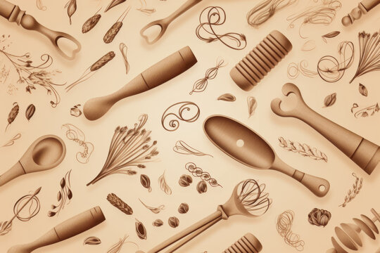 Artistic pattern of baking tools and utensils in neutral tones