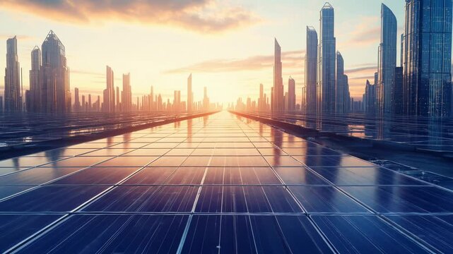 Futuristic city integrating solar panels on every surface, harmonizing architecture and sustainability under a bright blue sky