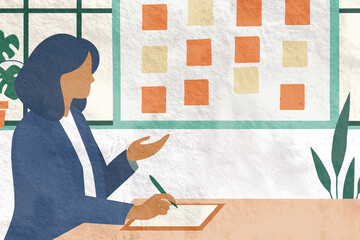 Businesswoman brainstorming ideas in a modern workspace