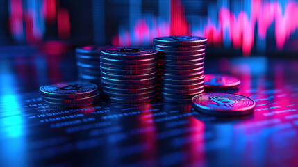 Stacked Digital Coins in Blue Glow Representing Crypto and Finance
