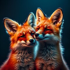 Obraz premium Romantic fox couple with affectionate expressions close to each other against a dark background