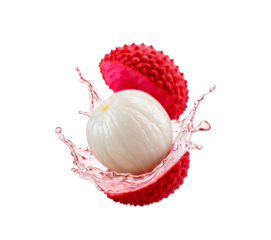 Water splash on fresh lychee juice splash with leaves isolated on transparent background (.PNG), generate ai