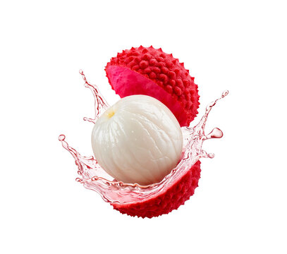 Water splash on fresh lychee juice splash with leaves isolated on transparent background (.PNG), generate ai