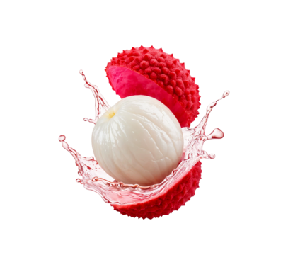 Water splash on fresh lychee juice splash with leaves isolated on transparent background (.PNG), generate ai