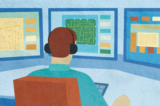 Pro analyzing data on multiple monitors in an office