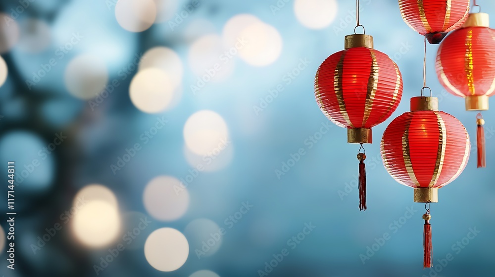 Poster elegant red and gold paper lanterns gracefully floating against a soft blurred sky background with a