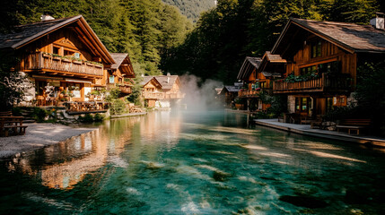 Fototapeta premium Picturesque village nestled beside a calm river.