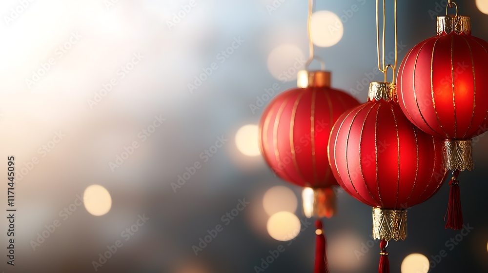 Aufkleber elegant red chinese lanterns hanging on a golden frame with intricate and ornate patterns creating a