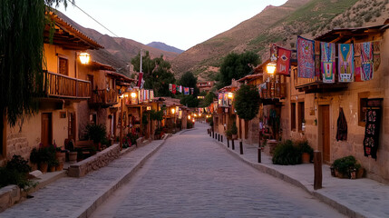 Fototapeta premium Cobblestone street in Andean village at dusk, illuminated by lamps, with traditional textiles hanging from balconies.