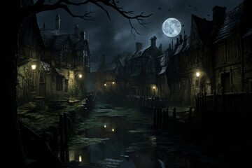 Serene night cityscape  cozy atmosphere with grey buildings and marsh green water reflections