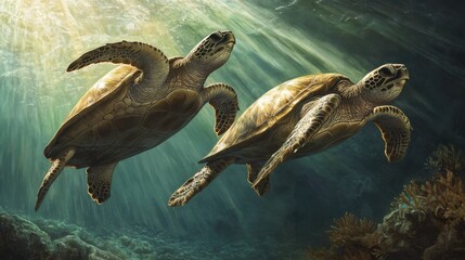 Obraz premium Turtles Gliding Through Coral Reef with Natural Light