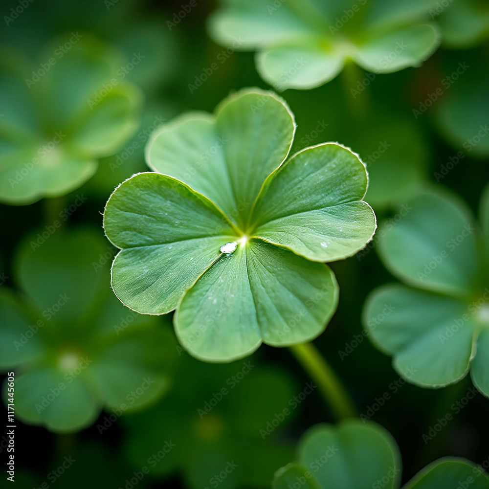 Poster green clover leaf with water droplets on it. the background is blurred and green, creating a bokeh e