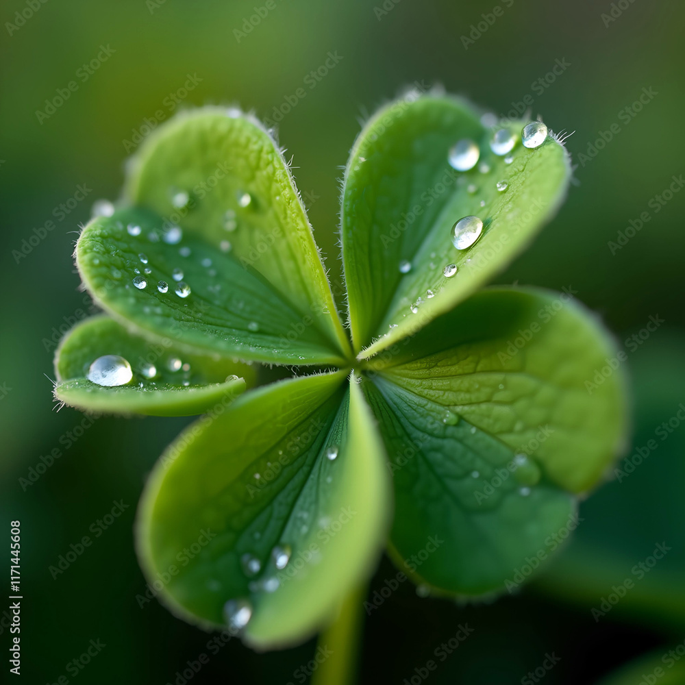 Poster green clover leaf with water droplets on it. The background is blurred and green, creating a bokeh effect.