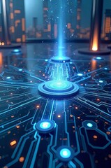 A cryptocurrency Coin in a digital space with binary code in the background