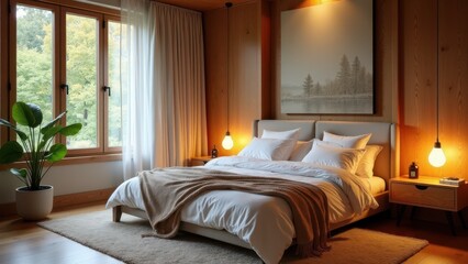 A cozy bedroom with large windows, soft bedding, and warm wooden accents, offering a calm and peaceful escape