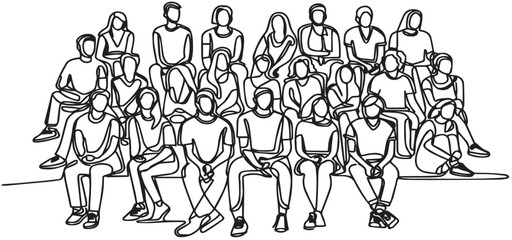 Group of people continuous one line vector drawing. Family, friends hand drawn characters. Crowd standing at concert, meeting