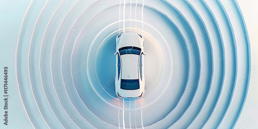 Aufkleber top-down view of a white car in concentric circles, representing autonomous driving or sensor techno