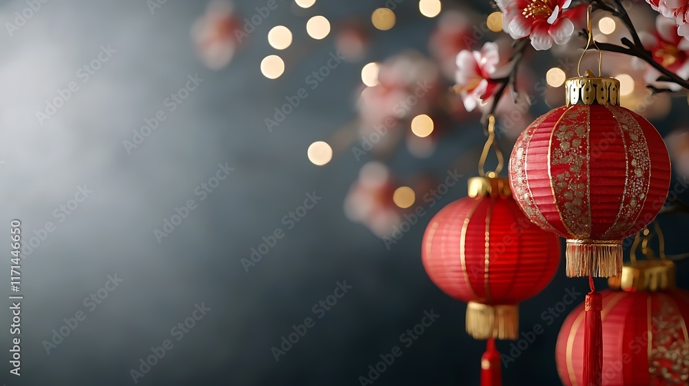 Aufkleber enchanting red and gold lanterns with intricate floral patterns glowing in a festive backdrop vibran