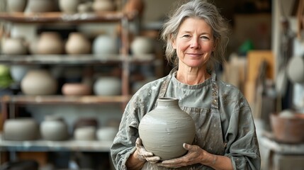 Artisan Woman Holding Handmade Pot in Studio