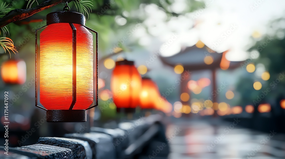 Poster rows of glowing red paper lanterns swaying in the gentle breeze illuminating a serene and charming a