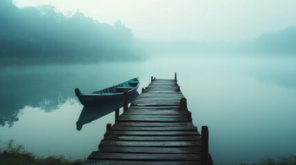 Misty River With Wooden Pier And Docked Fishing Boat. Misty River Landscape