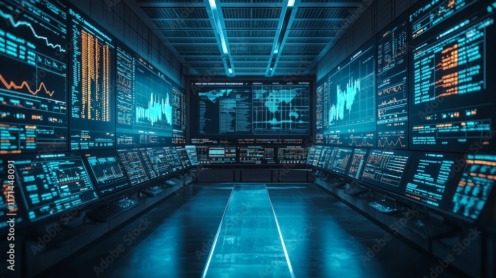 Poster futuristic digital control room with data visualizations