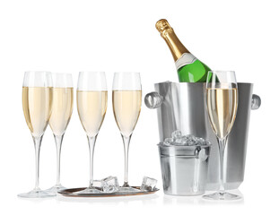 Champagne and buckets with ice isolated on white