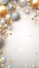 Cheerful festive card design with sparkling gold and silver elements on white background