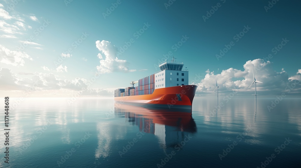 Poster container ship navigating calm waters under clouds