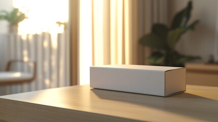 Fototapeta premium Blank White Box Sits On Wooden Table Near Window