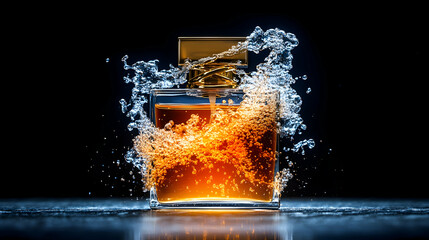 Amber perfume bottle with splashing water.