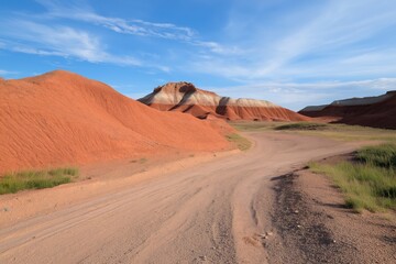 A dirt road winds through a desert landscape. The road is narrow and rocky, with a few patches of grass growing along the sides. The sky is clear and blue, and the sun is shining brightly