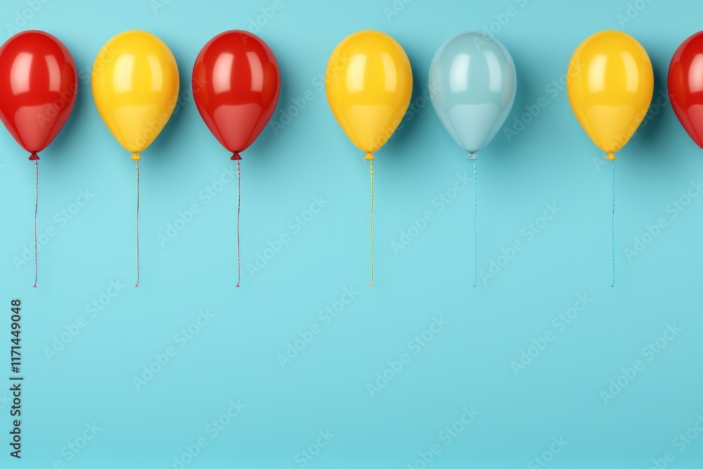 Poster colorful balloon display on a bright background with space for text at the bottom corner
