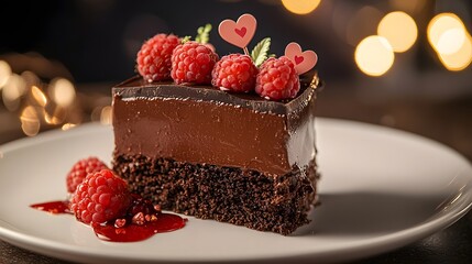 Close up of a luxurious richly textured chocolate dessert topped with fresh raspberries and adorned with heart shaped a visually appealing and indulgent treat for a special occasion or romantic