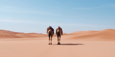 Two camels standing in a desert with a blue sky in the background. The desert is vast and empty, with no other signs of life