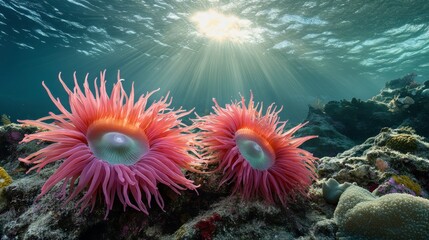 Vibrant Anemones in Sunlit Coral Reef
