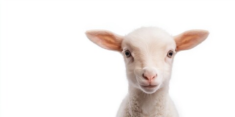 Fototapeta premium A baby lamb is staring at the camera with its eyes wide open. Concept of innocence and curiosity, as the lamb looks directly at the viewer. The close-up shot emphasizes the lamb's adorable features