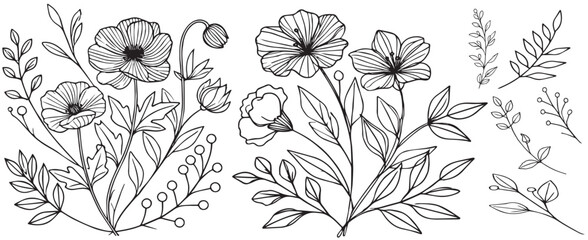 gray monophonic beautiful drawing of linear flowers on a white background vector