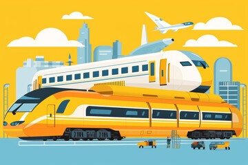 Fototapeta premium Minimalist transport illustrations featuring cars, planes, and trains in bright colors for kids