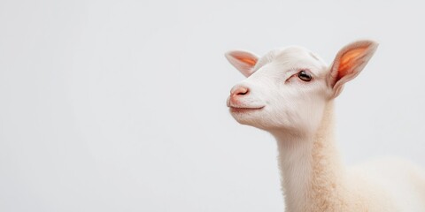 Obraz premium A white sheep with its head turned to the side. The sheep is looking at the camera and he is smiling