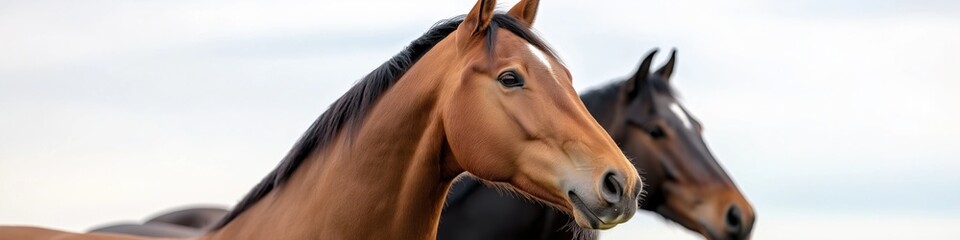 Obraz premium Two horses standing next to each other with one of them looking at the camera. The other horse is looking away