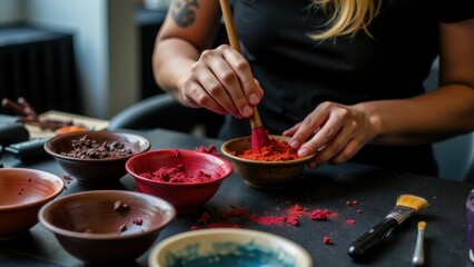 A stylist carefully applying hair color to a client's hair, with tools and color bowls on the counter