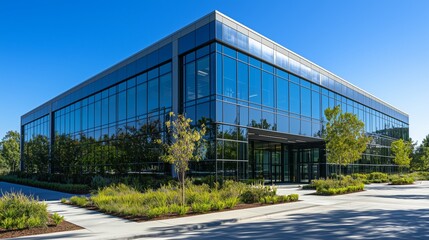 Obraz premium Modern Glass Office Building with Clear Blue Sky