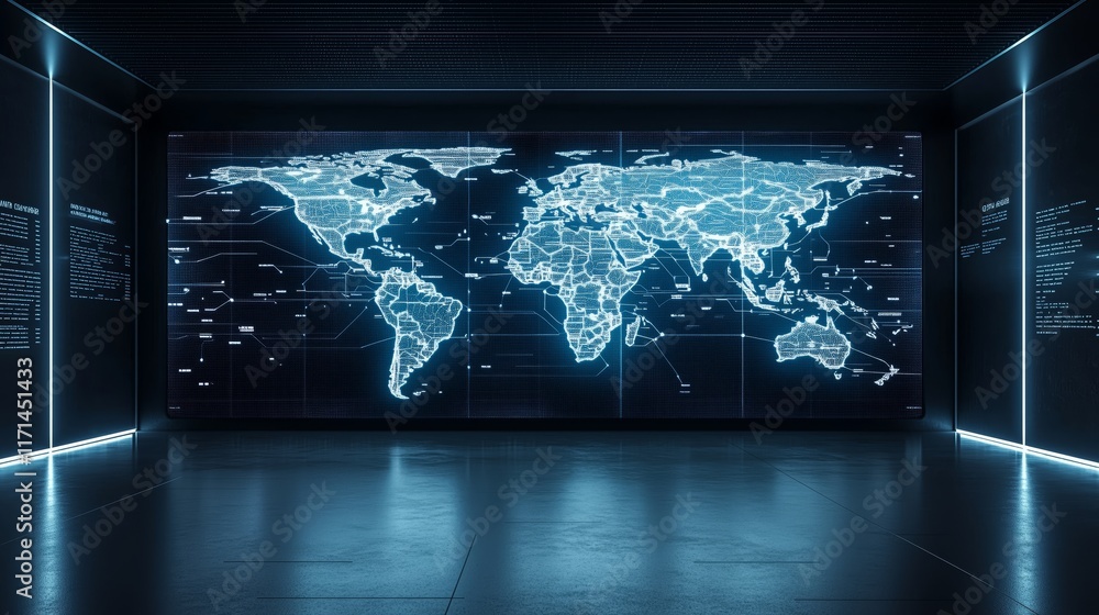 Poster digital world map on futuristic screen interface