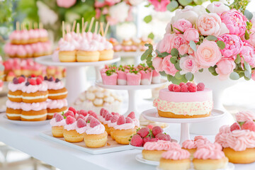 Table with pink desserts, cake and flower bouquet, creating a festive atmosphere